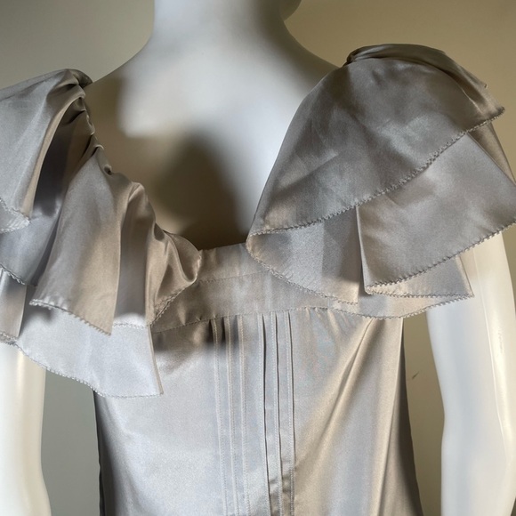 Floreat Anthropologie Gray Silver Silk Ruffle Sleeve Shift Dress Sz 4 Pintuck. - Picture 7 of 15